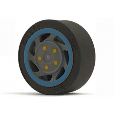 dark bluish gray wheel 11mm d x 6mm with 7 slanted spokes with blue rim edge and yellow bolts pattern with black tire 14mm d x 6mm solid smooth 30838pb01 50945
