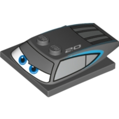 dark bluish gray wedge 5 x 4 x 1 with 4 x 4 base with blue eyes windows and 2.0 on roof pattern