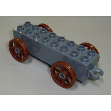 dark bluish gray duplo car base 2 x 8 x 1 1 2 with large reddish brown spoked wheels