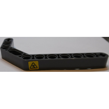 dark bluish gray technic liftarm modified bent thick 1 x 11.5 double with black overhead load danger sign on yellow background pattern model left side sticker - set 42055