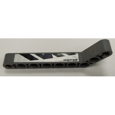 dark bluish gray technic liftarm modified bent thick 1 x 9 7 - 3 with black reakt-v8 and polygons on silver background pattern model right side sticker - set 8863