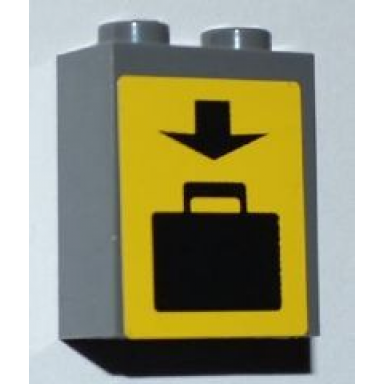 dark bluish gray brick 1 x 2 x 2 with inside axle holder with black arrow and suitcase on yellow background pattern sticker - set 3182