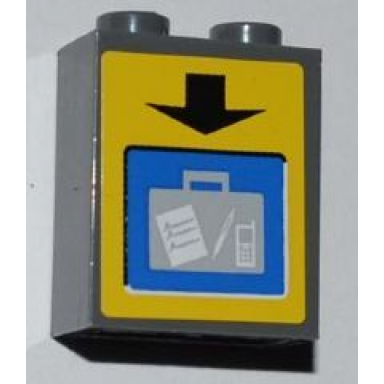 dark bluish gray brick 1 x 2 x 2 with inside axle holder with black arrow and suitcase on screen on yellow background pattern sticker - set 3182