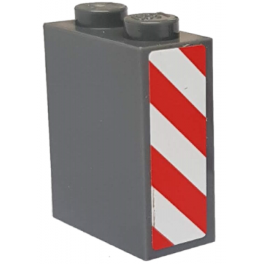 dark bluish gray brick 1 x 2 x 2 with inside axle holder with red and white danger stripes pattern model left side sticker - set 8077