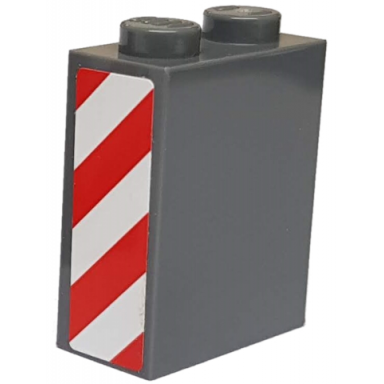 dark bluish gray brick 1 x 2 x 2 with inside axle holder with red and white danger stripes pattern model right side sticker - set 8077