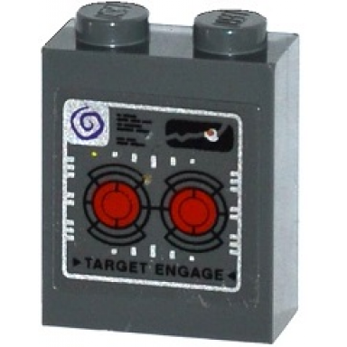 dark bluish gray brick 1 x 2 x 2 with inside stud holder with red targets dark purple spiral and black target engage pattern sticker - set 70168