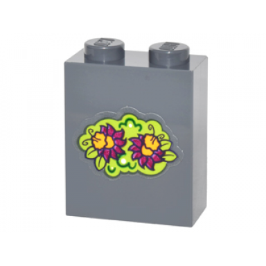 dark bluish gray brick 1 x 2 x 2 with inside stud holder with magenta and bright light orange flowers and lime leaves pattern sticker - set 41175