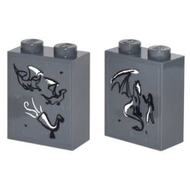 dark bluish gray brick 1 x 2 x 2 with inside stud holder with 2 dragons and horn front 1 dragon and figure back on transparent background pattern stickers - set 41178