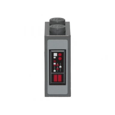 dark bluish gray brick 1 x 2 x 2 with inside stud holder with dark red and white buttons pattern sticker - set 75216