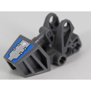 dark bluish gray bionicle foot with ball joint socket 3 x 6 x 2 1 3 rounded tops with blue and silver hatch and white arrow pattern sticker - set 8106