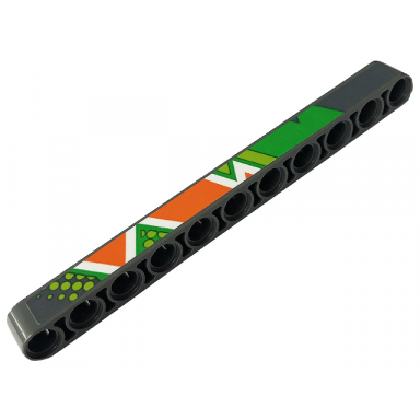 dark bluish gray technic liftarm thick 1 x 11 with bright green lime orange and white diagonal stripes triangles and dots pattern model left side sticker - set 42129