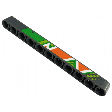 dark bluish gray technic liftarm thick 1 x 11 with bright green lime orange and white diagonal stripes triangles and dots pattern model right side sticker - set 42129