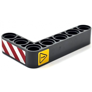 dark bluish gray technic liftarm modified bent thick l-shape 3 x 5 with red and white danger stripes and black exclamation mark in danger triangle pattern model left side stickers - set 42080