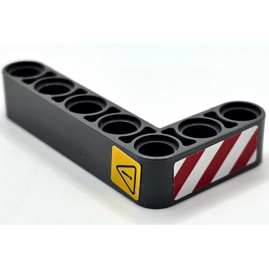 dark bluish gray technic liftarm modified bent thick l-shape 3 x 5 with red and white danger stripes and black exclamation mark in danger triangle pattern model right side stickers - set 42080