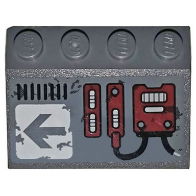 dark bluish gray slope 33 3 x 4 with dark red mechanical panels and arrow on worn white background pattern model left side sticker - set 70009