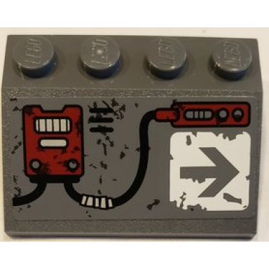 dark bluish gray slope 33 3 x 4 with dark red mechanical panels and arrow on worn white background pattern model right side sticker - set 70009
