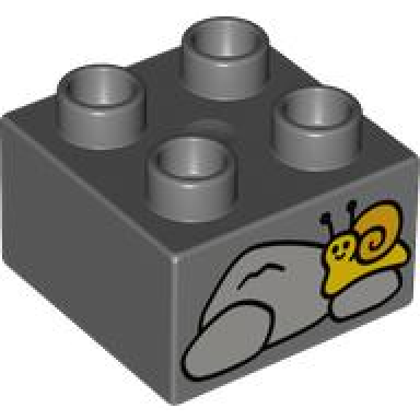 dark bluish gray duplo brick 2 x 2 with light bluish gray stones and yellow and bright light orange snail pattern