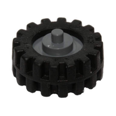 dark bluish gray wheel center small with stub axles pulley wheel with black tire 15mm d x 6mm offset tread small - band around center of tread 3464 87414