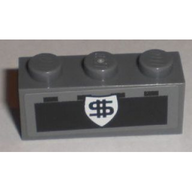dark bluish gray brick 1 x 3 with black dollar sign on white badge and black brick pattern sticker - set 8211