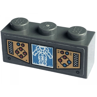 dark bluish gray brick 1 x 3 with gold control panels with red and dark azure buttons and display with white mech pattern sticker - set 71775