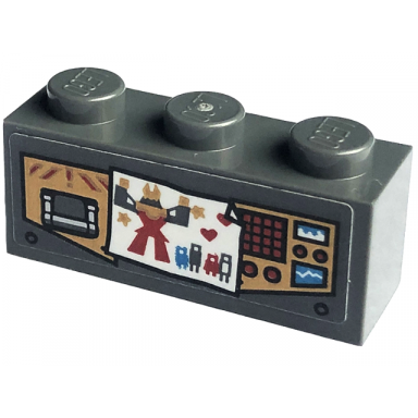 dark bluish gray brick 1 x 3 with gold control panels with red buttons dark azure and white displays and paper with picture of mech pattern sticker - set 71775