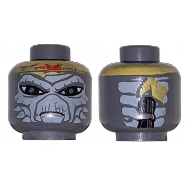 dark bluish gray minifigure head alien with sw weequay light bluish gray face large black eyes frown and yellow headband with red star turk falso pattern