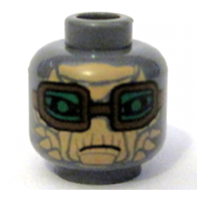 dark bluish gray minifigure head alien sw weequay with light nougat face large eyes reddish brown goggles with green lenses frown pattern