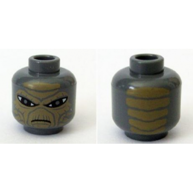 dark bluish gray minifigure head alien with sw weequay dark tan face large black eyes and frown shahan alama pattern