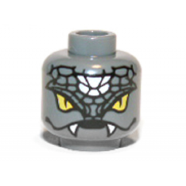 dark bluish gray minifigure head alien with yellow snake eyes fangs and black and white scales pattern snike