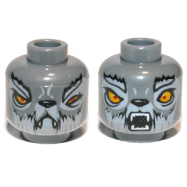 dark bluish gray minifigure head dual sided alien wolf with light bluish gray eyebrows and fur bright light orange eyes black nose neutral with fangs open mouth with teeth parted pattern