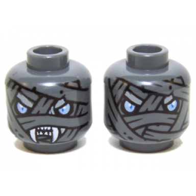 dark bluish gray minifigure head dual sided alien chima mummy with wrappings bright light blue eyes white fangs no fangs pattern