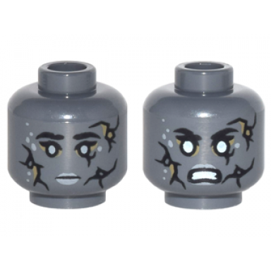 dark bluish gray minifigure head dual sided alien potc black cracks light bluish gray spots and lips neutral bared teeth angry pattern
