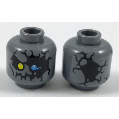 dark bluish gray minifigure head alien with yellow right eye blue left eye black cracks and jagged mouth lord krakenskull pattern