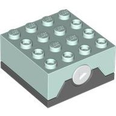 dark bluish gray electric sound brick 4 x 4 with light aqua top and 13 randomized sounds retro radio