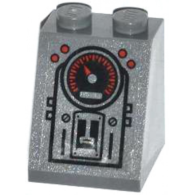 dark bluish gray slope 65 2 x 2 x 2 with bottom tube with 4 red buttons gauge 2 screws and panels pattern sticker - set 79104