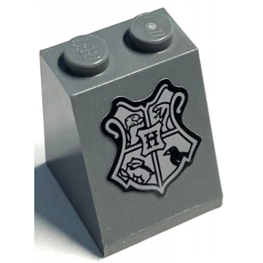 dark bluish gray slope 65 2 x 2 x 2 with bottom tube with black and light bluish gray hogwarts coat of arms crest pattern sticker - set 76399