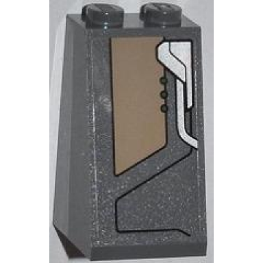 dark bluish gray slope 75 2 x 2 x 3 - solid studs with dark tan trapezoid black line and 3 green dots pattern sticker - set 76009