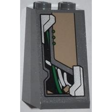 dark bluish gray slope 75 2 x 2 x 3 - solid studs with dark tan trapezoid cables and 3 green dots pattern sticker - set 76009