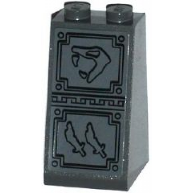 dark bluish gray slope 75 2 x 2 x 3 - solid studs with snake head looking left and 2 scimitar swords bas-relief sculpture pattern sticker - set 70750