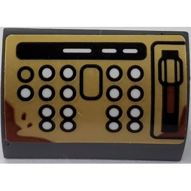 dark bluish gray slope curved 1 x 2 with buttons and lever on pearl gold background pattern sticker - set 75978