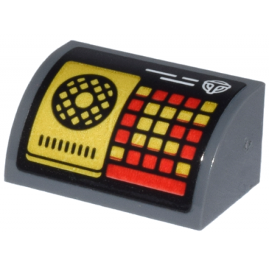dark bluish gray slope curved 1 x 2 with control panel with black circle red and gold keypad and white airport shuttle logo t pattern sticker - set 80036