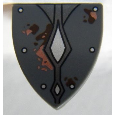 dark bluish gray minifigure shield triangular short with silver rivets and diamonds rust and dirt stains pattern