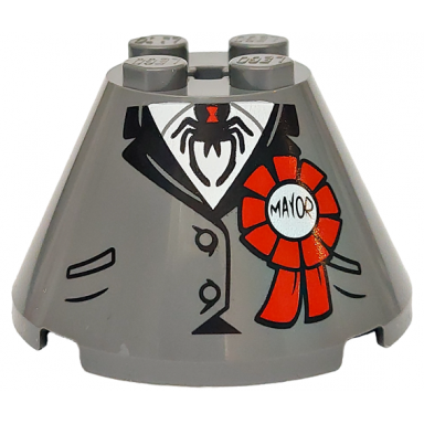 cone 4 x 4 x 2 with axle hole with jacket with buttons and pockets over white shirt black spider and mayor on red award ribbon pattern