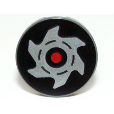 dark bluish gray tile round 2 x 2 with red circle and silver saw blade on black background pattern