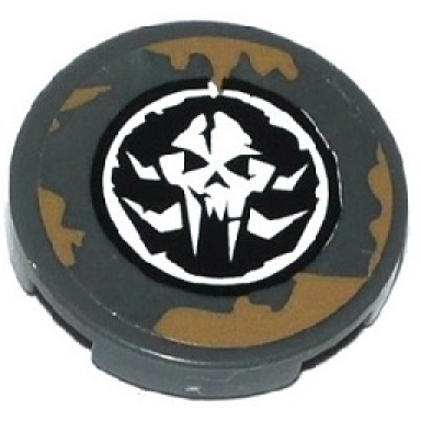 dark bluish gray tile round 2 x 2 with dark tan spatters and alien skull in black circle pattern sticker - set 70141