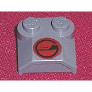 dark bluish gray slope curved 2 x 2 x 2 3 with 2 studs and curved sides lip end with red and black circle pattern