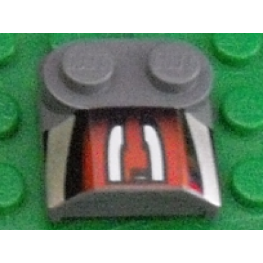 dark bluish gray slope curved 2 x 2 x 2 3 with 2 studs and curved sides lip end with silver black red number 3 left half pattern