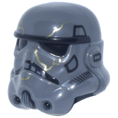 dark bluish gray minifigure headgear helmet sw stormtrooper with molded black forehead eyes nose chin and panels on back and printed black marks and gold cracks pattern night trooper