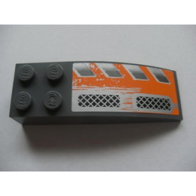 dark bluish gray slope curved 6 x 2 with checkered plates and silver orange pattern model right sticker - set 8137