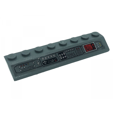 dark bluish gray slope 45 2 x 8 with control panel with levers dials buttons and monitor pattern sticker - set 76161